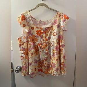Floral Women's Top - Orange and Pink Like New 1XL Curve
